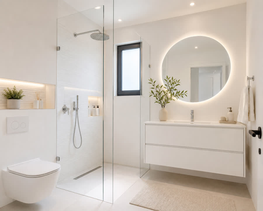 Bright minimal white bathroom with round mirror