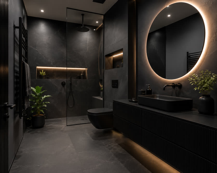 Dark moody bathroom with round backlit mirror
