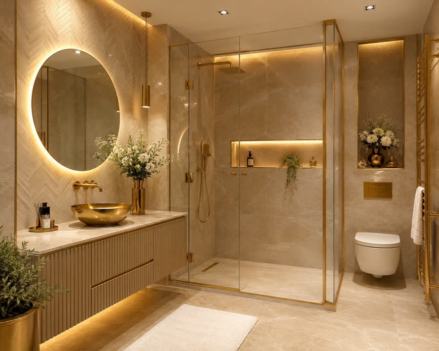 Luxury bathroom with gold fixtures and marble