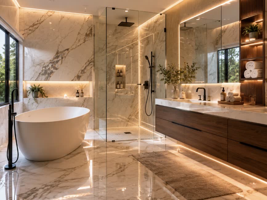 Marble walk-in shower with freestanding tub
