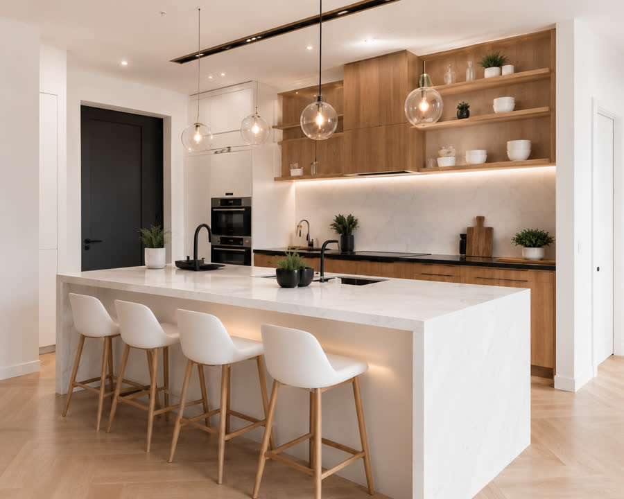 Light oak flooring and kitchen