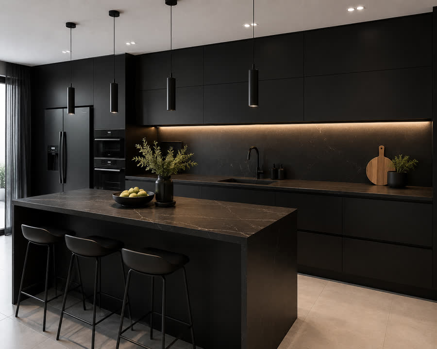 Matte black modern kitchen with waterfall island