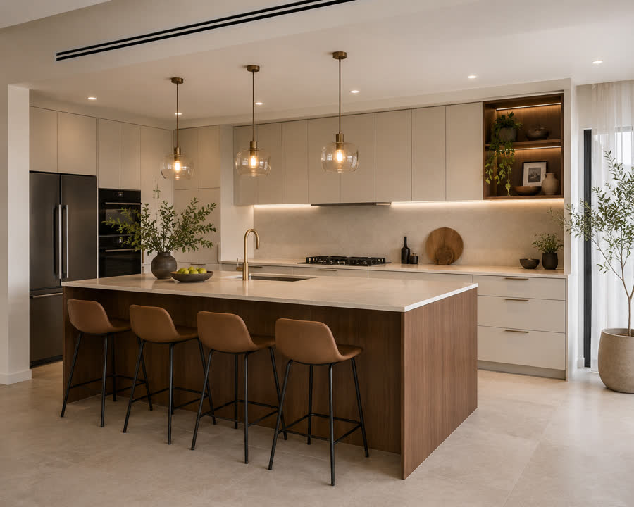 Warm walnut kitchen island with leather stools